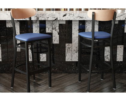 BLNK Wright Commercial Bar Stool Black Steel Frame with Natural Birch Finish Wooden Boomerang Back and Vinyl Seat - Blue