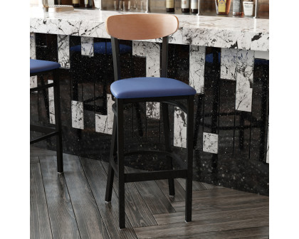 BLNK Wright Commercial Bar Stool Black Steel Frame with Natural Birch Finish Wooden Boomerang Back and Vinyl Seat - Blue