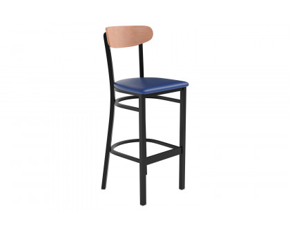 BLNK Wright Commercial Bar Stool Black Steel Frame with Natural Birch Finish Wooden Boomerang Back and Vinyl Seat - Blue