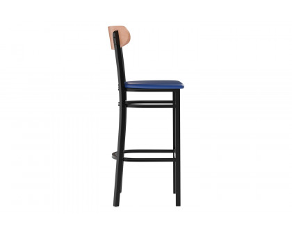 BLNK Wright Commercial Bar Stool Black Steel Frame with Natural Birch Finish Wooden Boomerang Back and Vinyl Seat - Blue