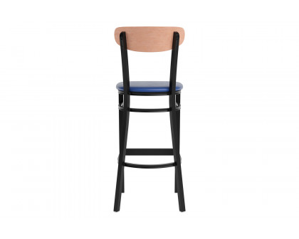 BLNK Wright Commercial Bar Stool Black Steel Frame with Natural Birch Finish Wooden Boomerang Back and Vinyl Seat - Blue