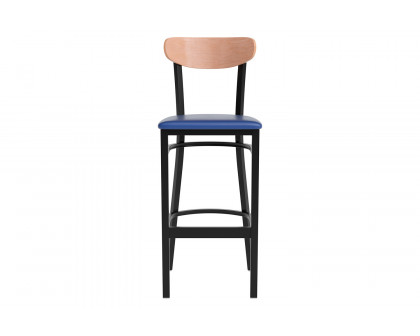 BLNK Wright Commercial Bar Stool Black Steel Frame with Natural Birch Finish Wooden Boomerang Back and Vinyl Seat - Blue