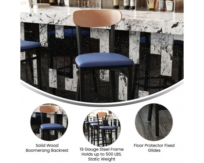 BLNK Wright Commercial Bar Stool Black Steel Frame with Natural Birch Finish Wooden Boomerang Back and Vinyl Seat - Blue