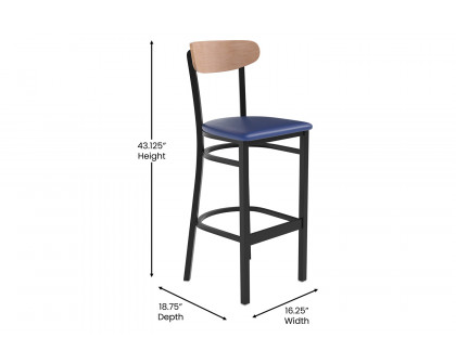 BLNK Wright Commercial Bar Stool Black Steel Frame with Natural Birch Finish Wooden Boomerang Back and Vinyl Seat - Blue