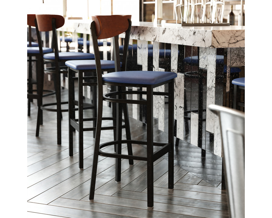 BLNK Wright Commercial Bar Stool Black Steel Frame with Walnut Finish Wooden Boomerang Back and Vinyl Seat - Blue