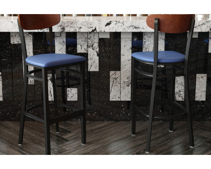 BLNK Wright Commercial Bar Stool Black Steel Frame with Walnut Finish Wooden Boomerang Back and Vinyl Seat - Blue