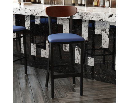 BLNK Wright Commercial Bar Stool Black Steel Frame with Walnut Finish Wooden Boomerang Back and Vinyl Seat - Blue