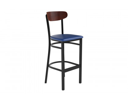 BLNK Wright Commercial Bar Stool Black Steel Frame with Walnut Finish Wooden Boomerang Back and Vinyl Seat - Blue