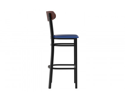 BLNK Wright Commercial Bar Stool Black Steel Frame with Walnut Finish Wooden Boomerang Back and Vinyl Seat - Blue