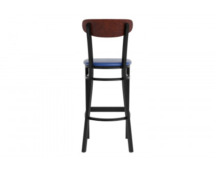 BLNK Wright Commercial Bar Stool Black Steel Frame with Walnut Finish Wooden Boomerang Back and Vinyl Seat - Blue