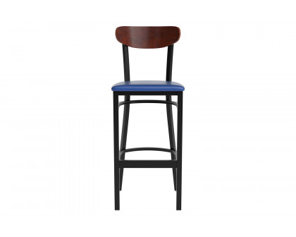 BLNK Wright Commercial Bar Stool Black Steel Frame with Walnut Finish Wooden Boomerang Back and Vinyl Seat - Blue