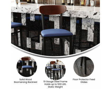 BLNK Wright Commercial Bar Stool Black Steel Frame with Walnut Finish Wooden Boomerang Back and Vinyl Seat - Blue