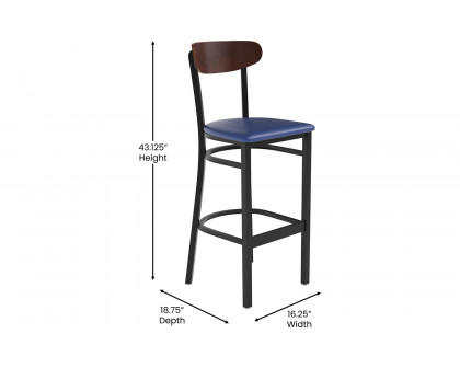 BLNK Wright Commercial Bar Stool Black Steel Frame with Walnut Finish Wooden Boomerang Back and Vinyl Seat - Blue