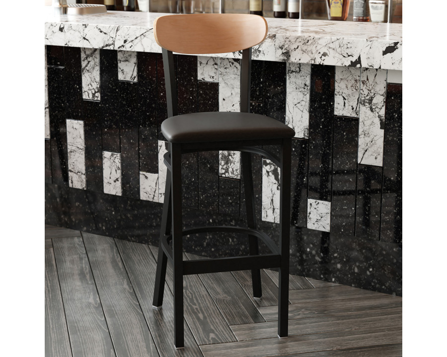 BLNK Wright Commercial Bar Stool Black Steel Frame with Natural Birch Finish Wooden Boomerang Back and Vinyl Seat