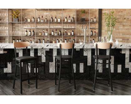 BLNK Wright Commercial Bar Stool Black Steel Frame with Natural Birch Finish Wooden Boomerang Back and Vinyl Seat