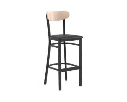 BLNK Wright Commercial Bar Stool Black Steel Frame with Natural Birch Finish Wooden Boomerang Back and Vinyl Seat - Black