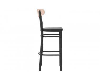 BLNK Wright Commercial Bar Stool Black Steel Frame with Natural Birch Finish Wooden Boomerang Back and Vinyl Seat - Black