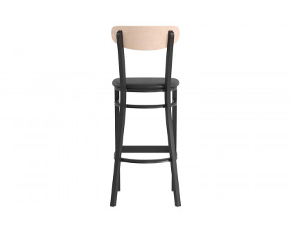 BLNK Wright Commercial Bar Stool Black Steel Frame with Natural Birch Finish Wooden Boomerang Back and Vinyl Seat - Black