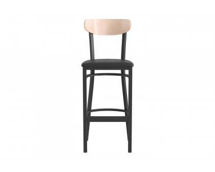 BLNK Wright Commercial Bar Stool Black Steel Frame with Natural Birch Finish Wooden Boomerang Back and Vinyl Seat - Black