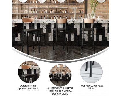 BLNK Wright Commercial Bar Stool Black Steel Frame with Natural Birch Finish Wooden Boomerang Back and Vinyl Seat - Black