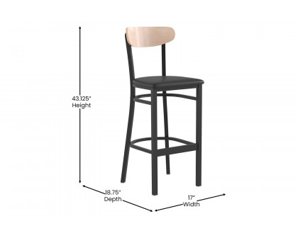 BLNK Wright Commercial Bar Stool Black Steel Frame with Natural Birch Finish Wooden Boomerang Back and Vinyl Seat - Black