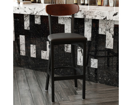 BLNK Wright Commercial Bar Stool Black Steel Frame with Walnut Finish Wooden Boomerang Back and Vinyl Seat