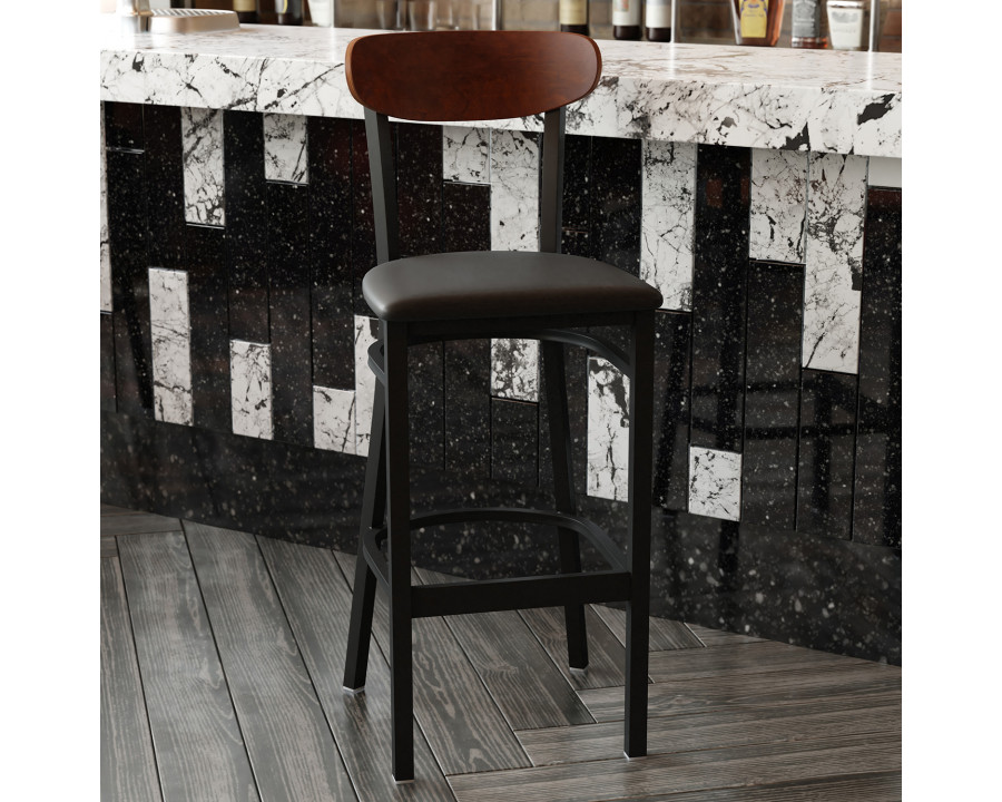 BLNK Wright Commercial Bar Stool Black Steel Frame with Walnut Finish Wooden Boomerang Back and Vinyl Seat - Black