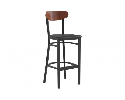 BLNK Wright Commercial Bar Stool Black Steel Frame with Walnut Finish Wooden Boomerang Back and Vinyl Seat - Black