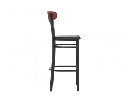 BLNK Wright Commercial Bar Stool Black Steel Frame with Walnut Finish Wooden Boomerang Back and Vinyl Seat - Black