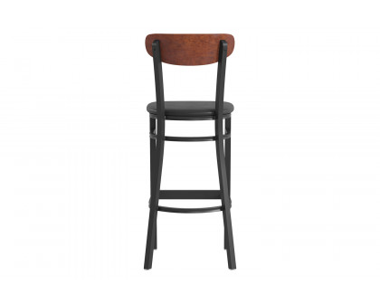 BLNK Wright Commercial Bar Stool Black Steel Frame with Walnut Finish Wooden Boomerang Back and Vinyl Seat - Black