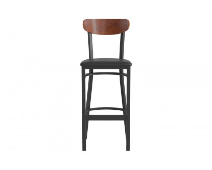 BLNK Wright Commercial Bar Stool Black Steel Frame with Walnut Finish Wooden Boomerang Back and Vinyl Seat - Black