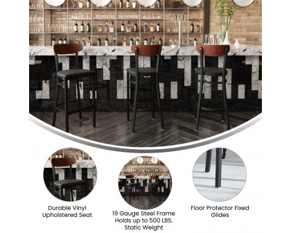 BLNK Wright Commercial Bar Stool Black Steel Frame with Walnut Finish Wooden Boomerang Back and Vinyl Seat - Black