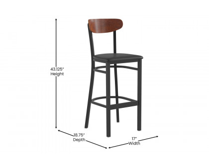 BLNK Wright Commercial Bar Stool Black Steel Frame with Walnut Finish Wooden Boomerang Back and Vinyl Seat - Black