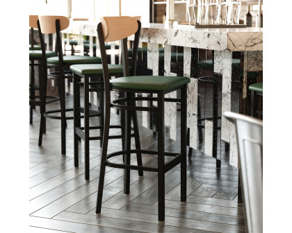 BLNK Wright Commercial Bar Stool Black Steel Frame with Natural Birch Finish Wooden Boomerang Back and Vinyl Seat