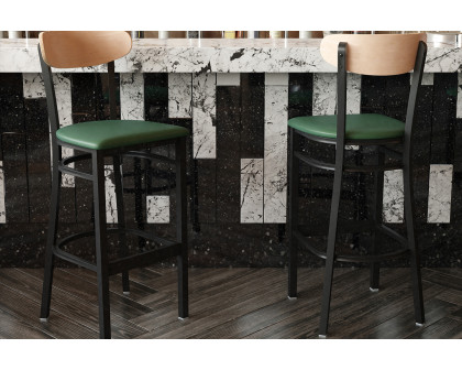 BLNK™ Wright Commercial Bar Stool Black Steel Frame with Natural Birch Finish Wooden Boomerang Back and Vinyl Seat - Green