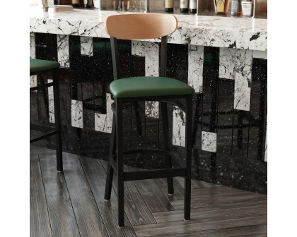 BLNK™ Wright Commercial Bar Stool Black Steel Frame with Natural Birch Finish Wooden Boomerang Back and Vinyl Seat - Green