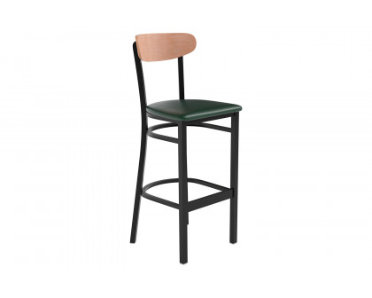 BLNK™ Wright Commercial Bar Stool Black Steel Frame with Natural Birch Finish Wooden Boomerang Back and Vinyl Seat - Green