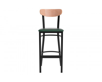 BLNK™ Wright Commercial Bar Stool Black Steel Frame with Natural Birch Finish Wooden Boomerang Back and Vinyl Seat - Green