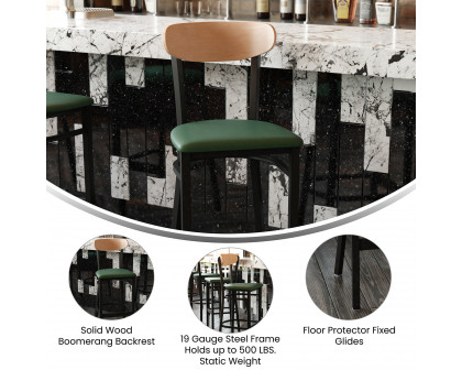 BLNK™ Wright Commercial Bar Stool Black Steel Frame with Natural Birch Finish Wooden Boomerang Back and Vinyl Seat - Green