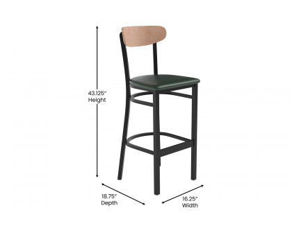 BLNK™ Wright Commercial Bar Stool Black Steel Frame with Natural Birch Finish Wooden Boomerang Back and Vinyl Seat - Green