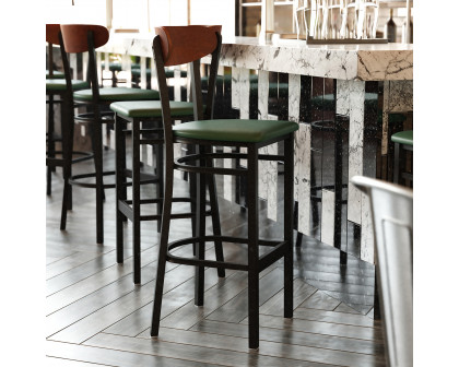 BLNK Wright Commercial Bar Stool Black Steel Frame with Walnut Finish Wooden Boomerang Back and Vinyl Seat