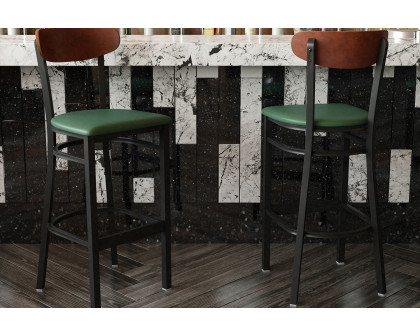 BLNK Wright Commercial Bar Stool Black Steel Frame with Walnut Finish Wooden Boomerang Back and Vinyl Seat - Green