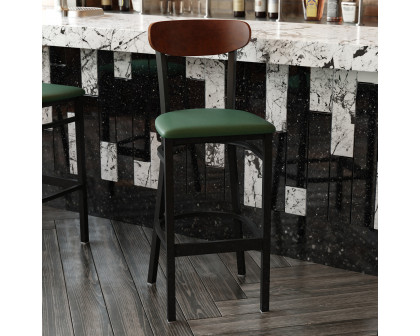 BLNK Wright Commercial Bar Stool Black Steel Frame with Walnut Finish Wooden Boomerang Back and Vinyl Seat - Green