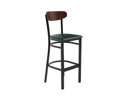 BLNK Wright Commercial Bar Stool Black Steel Frame with Walnut Finish Wooden Boomerang Back and Vinyl Seat - Green