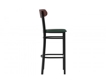 BLNK Wright Commercial Bar Stool Black Steel Frame with Walnut Finish Wooden Boomerang Back and Vinyl Seat - Green