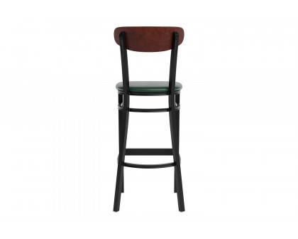 BLNK Wright Commercial Bar Stool Black Steel Frame with Walnut Finish Wooden Boomerang Back and Vinyl Seat - Green