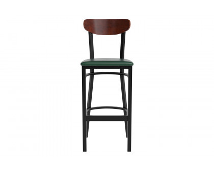 BLNK Wright Commercial Bar Stool Black Steel Frame with Walnut Finish Wooden Boomerang Back and Vinyl Seat - Green