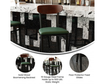 BLNK Wright Commercial Bar Stool Black Steel Frame with Walnut Finish Wooden Boomerang Back and Vinyl Seat - Green