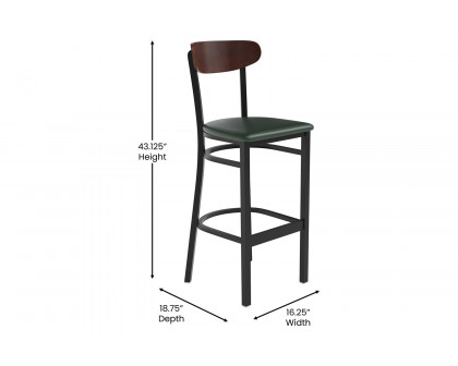 BLNK Wright Commercial Bar Stool Black Steel Frame with Walnut Finish Wooden Boomerang Back and Vinyl Seat - Green