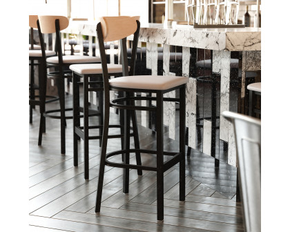 BLNK Wright Commercial Bar Stool Black Steel Frame with Natural Birch Finish Wooden Boomerang Back and Vinyl Seat